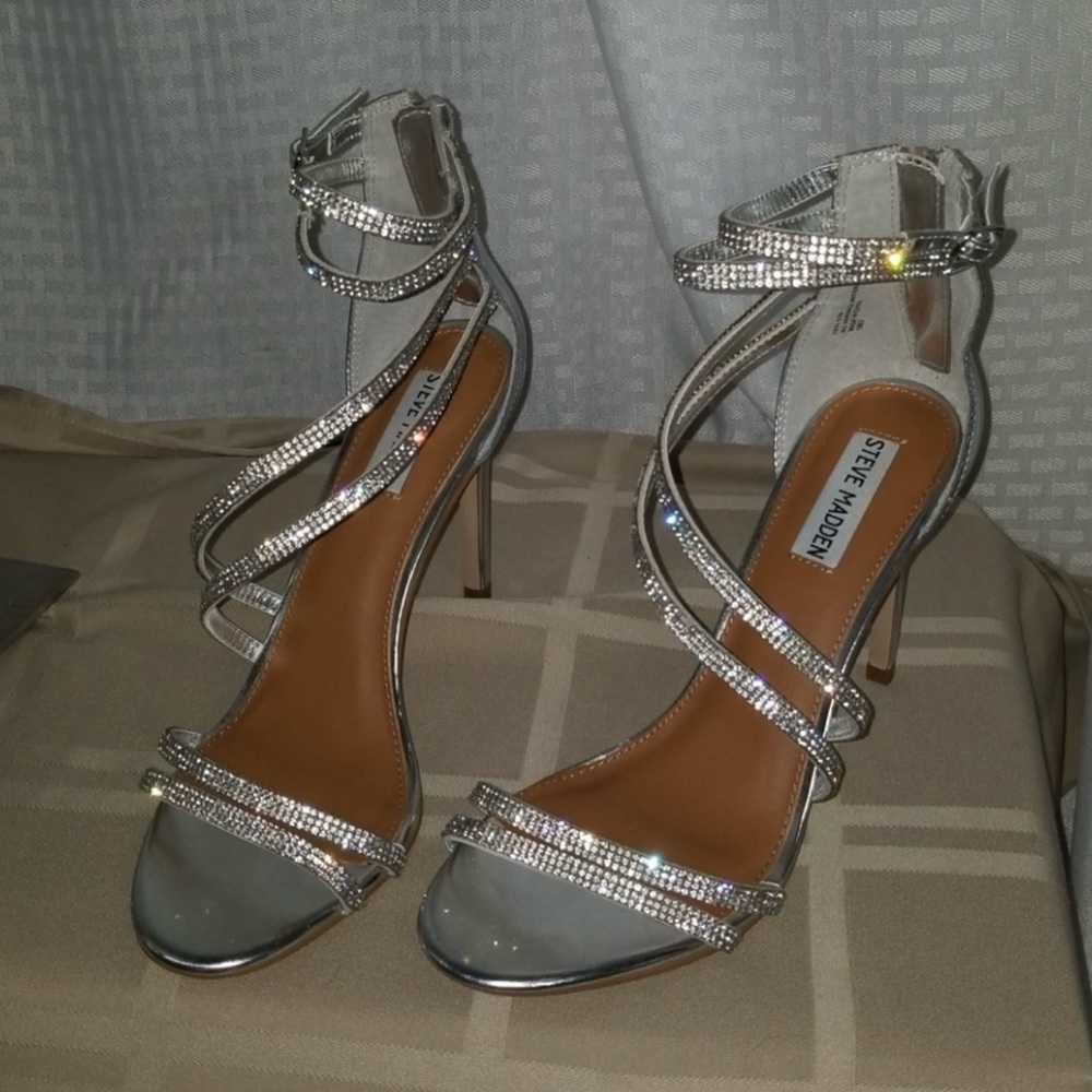 Steve Madden Silver Stiletto Heels with Rhinestone Straps